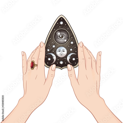 Hand drawn art ouija board mystifying oracle planchette in female hands isolated. Antique style boho chic sticker, tattoo or print design vector illustration