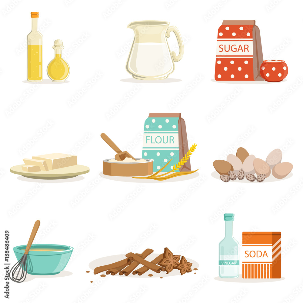 Baking Ingredients And Kitchen Tools And Utensils Collection Of Realistic  Cartoon Vector Illustrations With Cooking Related Objects Stock Vector |  Adobe Stock
