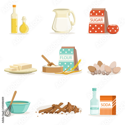 Baking Ingredients And Kitchen Tools And Utensils Collection Of Realistic Cartoon Vector Illustrations With Cooking Related Objects