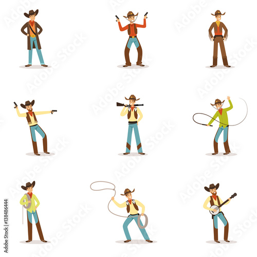 North American Cowboy With Different Accessories Set Of Cartoon Characters, Modern Western Cattle Hurdlers In Traditional Texan Cowboy Outfit.