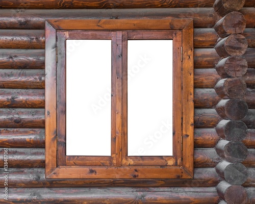 Quadro su tela A wooden window in a wall made of logs with white in the background