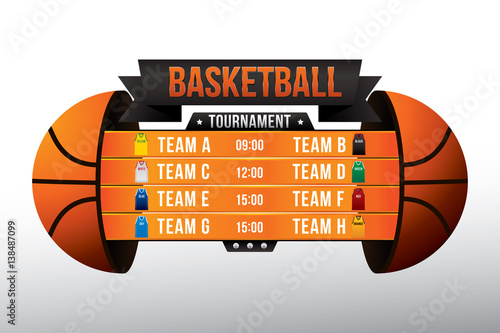 Vector of basketball match with team competition and scoreboard on court background.