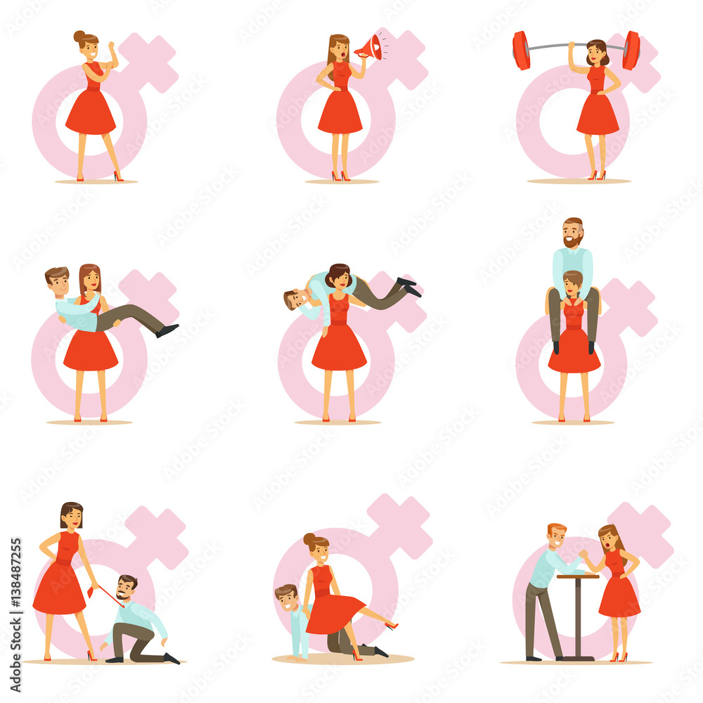 Woman In Red Dress Taking On Traditional Male Roles And Exchanging Places With Man, Set Of Feminism Illustration And Female Power Woman In Red Dress Taking On Traditional Male Roles And Exchanging Places With Man, Set Of Feminism Illustration And Female Power