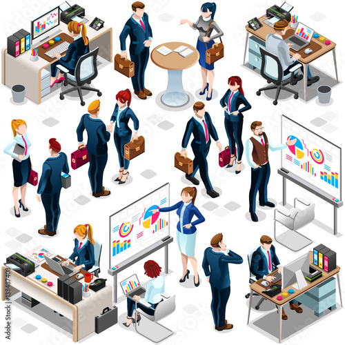Trendy 3D isometric group of isolated bank business people. Employee desk staff character icon set. Interview and Analysis of sales deal agreement and partnership. Teamwork career vector illustration