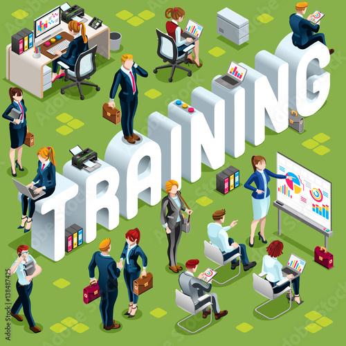 Training Group of Diverse Isometric Business People. 3D meeting infograph crowd with standing walking casual people icon set. Conference handshake hand shake lot collection vector illustration