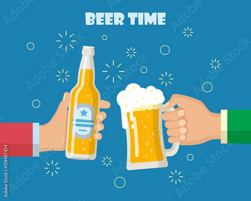 Beer party. Hands holding beer glass and beer bottle.