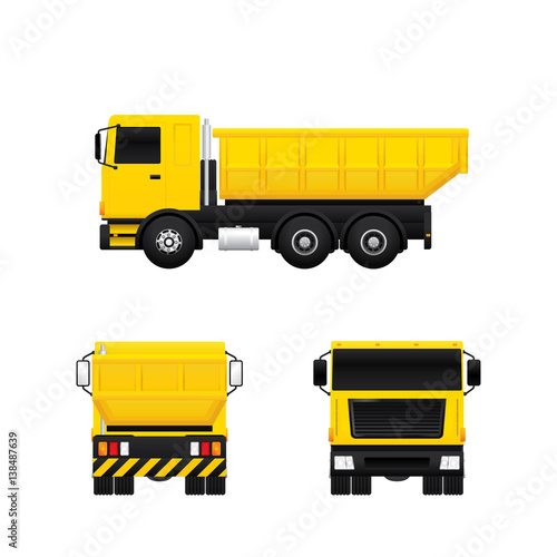Vector of dump truck in different views isolated on white background.