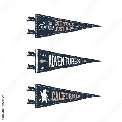 Hand drawn adventure pennant flags set. Vector illustrations and inspirational lettering.