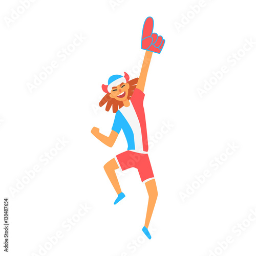 Cheering Happy Supporter Of French National Football Spots Team, Fan And Devotee With Attributes