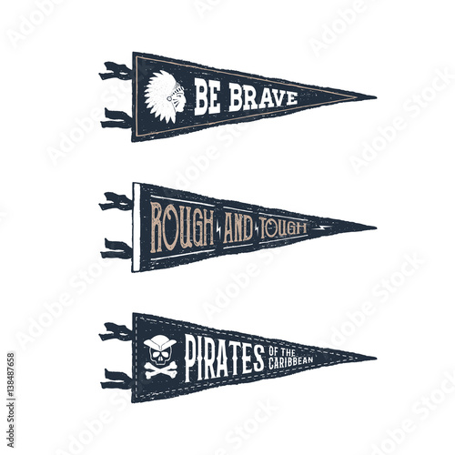 Hand drawn adventure pennant flags set. Vector illustrations and inspirational lettering.