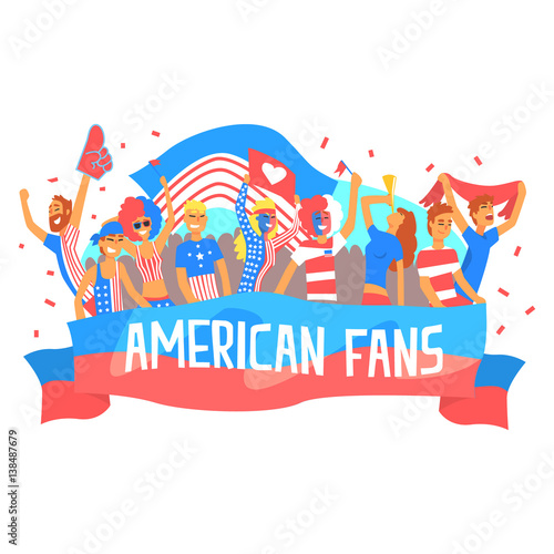 Cheering Happy Supporting Crowd Of National American Football Spots Team Fans And Devotees With Banners And Attributes