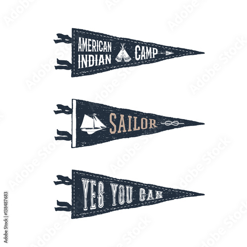 Hand drawn adventure pennant flags set. Vector illustrations and inspirational lettering.