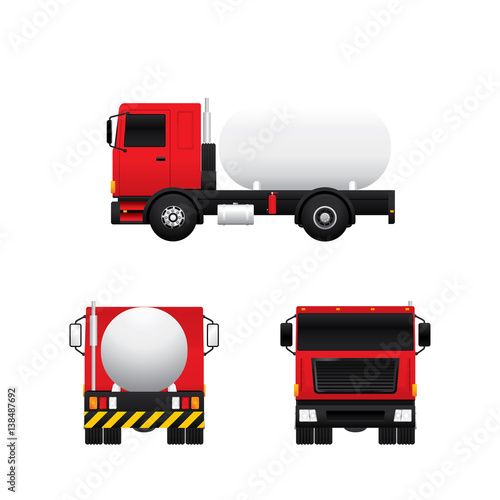 Vector of gas tank truck in different views isolated on white background.