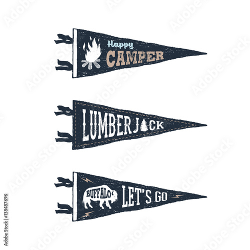 Hand drawn adventure pennant flags set. Vector illustrations and inspirational lettering. photo