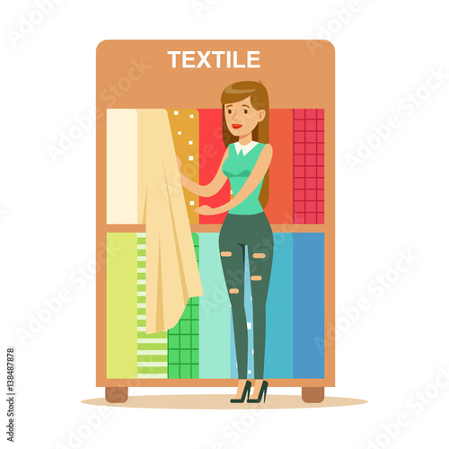 Woman Choosing Textile Drapers, Smiling Shopper In Furniture Shop Shopping For House Decor Elements