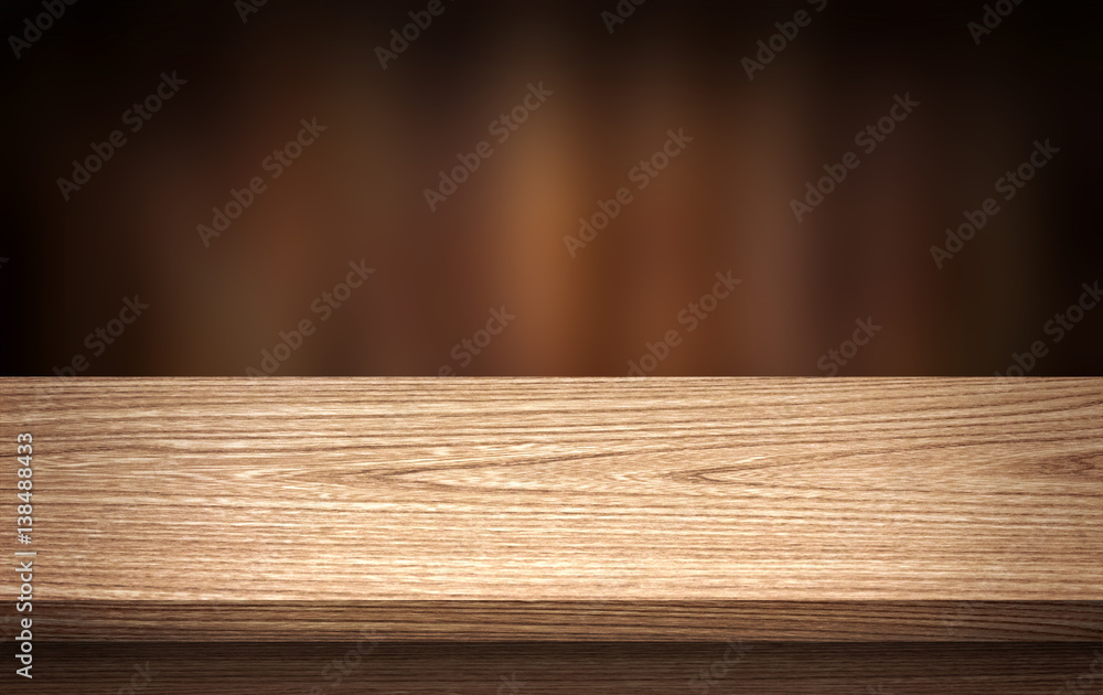 Wood background table. Empty wood table top and blur in dark night background. For montage product display