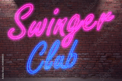 Tableau sur toile Leuchtreklame Swinger Club an Ziegelsteinmauer