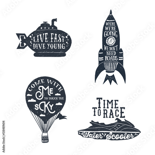 Hand drawn textured vintage labels set with hot air balloon, submarine, rocket, and water scooter vector illustrations and lettering.