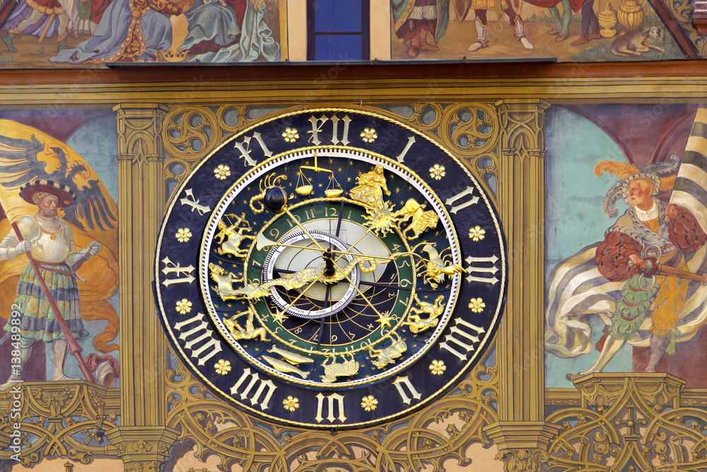 Astronomical clock at the Rathaus (Town Hall), built in 1370 in Ulm, Baden-Wurttemberg, Germany, Europe