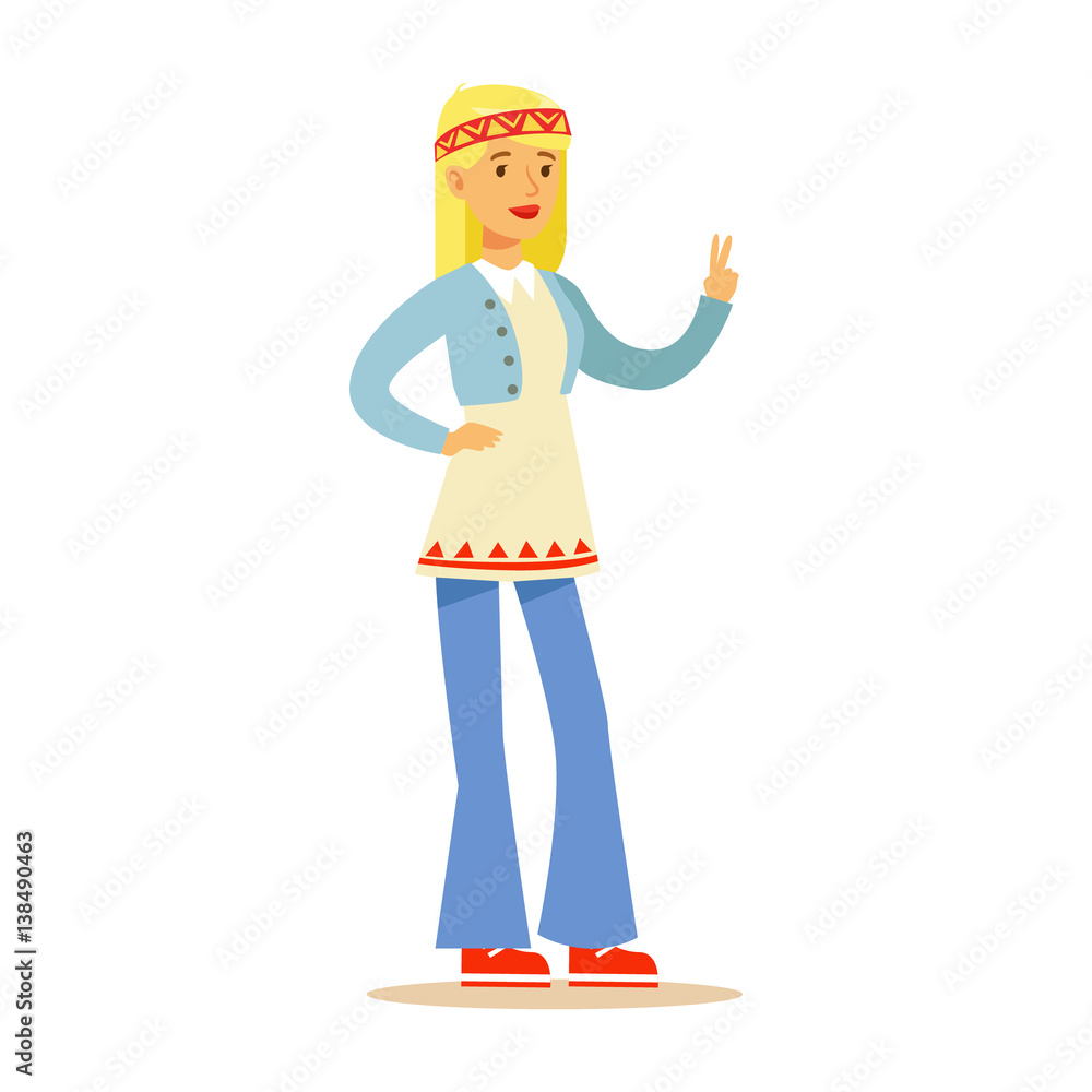 Girl Hippie Dressed In Classic Woodstock Sixties Hippy Subculture Clothes In Flared Jeans