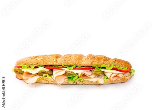 long sandwich with tomatoes and cheese on white background 2