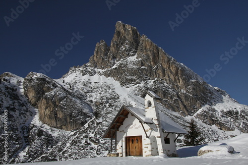 Snowy Chapel at The Top of The Pass Falzarego, Dolomites, Cortina d'Ampezzo, Italy