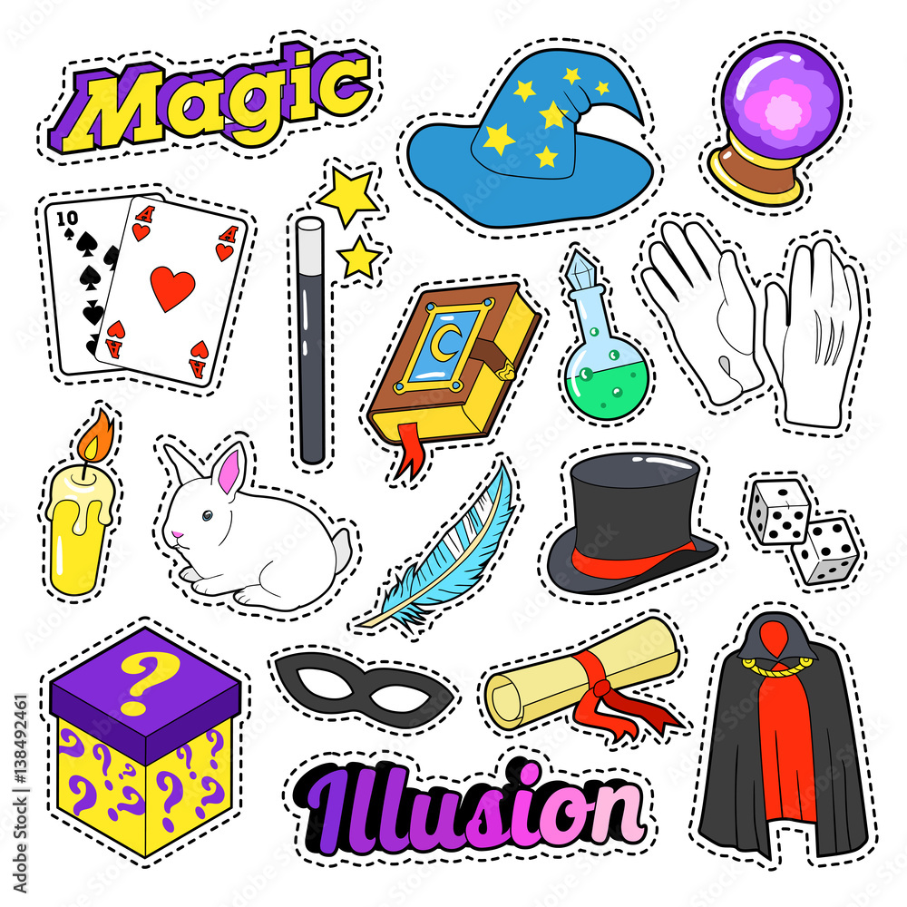 Magician Elements Set with Magic Wand, Mask and Cylinder for Stickers, Badges. Vector doodle Magician Elements Set with Magic Wand, Mask and Cylinder for Stickers, Badges. Vector doodle