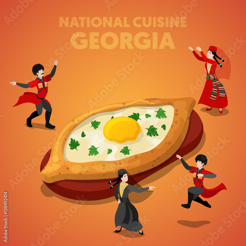 Isometric Georgia National Cuisine with Khachapuri and Georgian People in Traditional Clothes. Vector 3d flat illustration