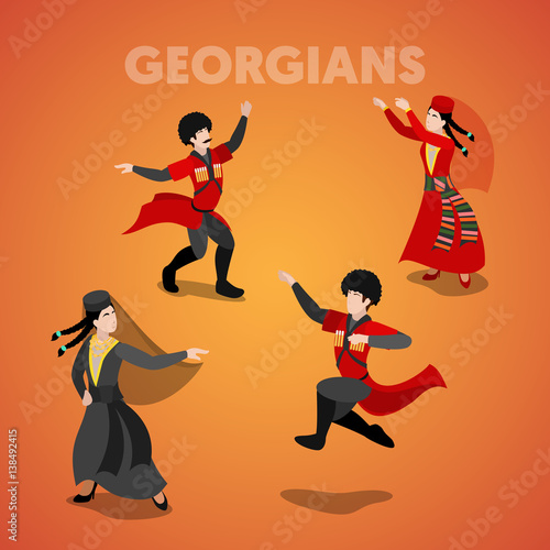 Isometric Georgian Dancing People in Traditional Clothes. Vector 3d flat illustration