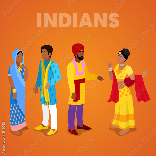 Isometric Indian People in Traditional Clothes. Vector 3d flat illustration