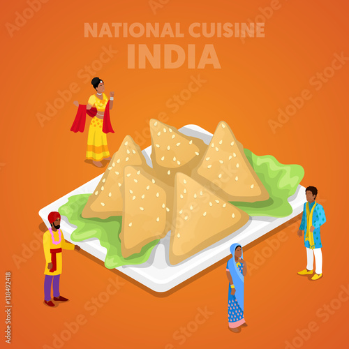 Isometric India National Cuisine with Samosa Food and Indian People in Traditional Clothes. Vector 3d flat illustration