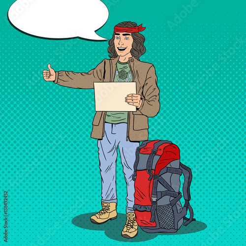 Pop Art Smiling Hitchhiking Man Hipster with Backpack. Vector illustration