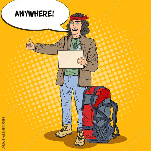 Pop Art Smiling Hitchhiking Man Travel with Backpack. Vector illustration