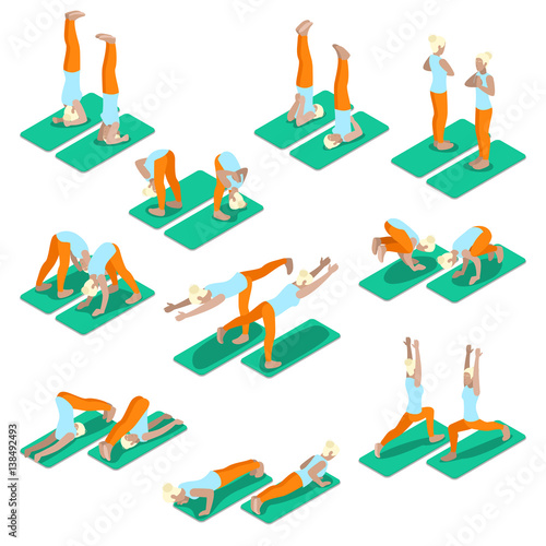 Isometric Woman Yoga Exercices Set. Fit Girl Exercising in Different Poses. Vector 3d flat illustration