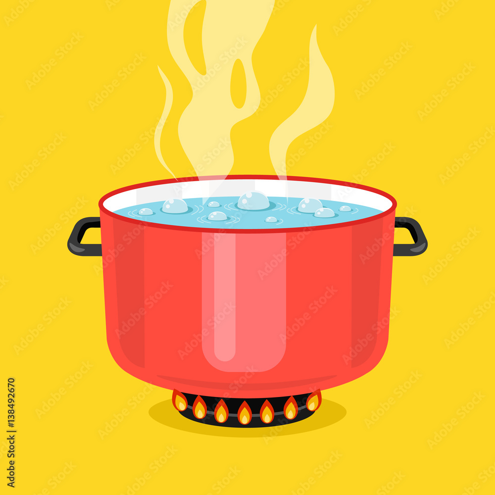 Premium Vector  Boiling water in red pot cooking pan on stove with water  and steam vector illustration