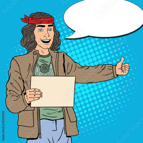 Pop Art Smiling Hitchhiking Hippie Tourist with Blank Sheet. Vector illustration