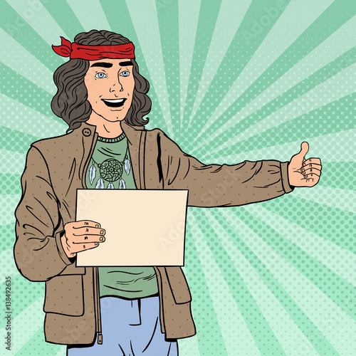 Pop Art Smiling Hitchhiking Hipster Tourist with Blank Sheet. Vector illustration
