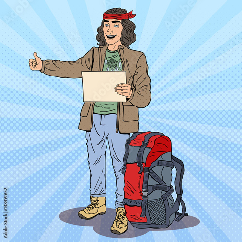 Pop Art Smiling Hitchhiking Man with Backpack. Vector illustration