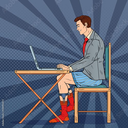 Pop Art Overworked Businessman Working Late at Home with Laptop. Vector illustration