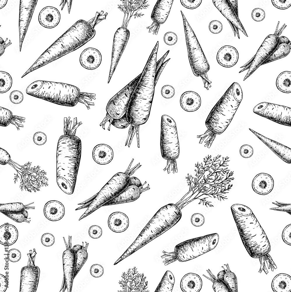 Carrot hand drawn vector seamless pattern. Isolated Vegetable engraved style object with sliced pieces. Carrot hand drawn vector seamless pattern. Isolated Vegetable engraved style object with sliced pieces.