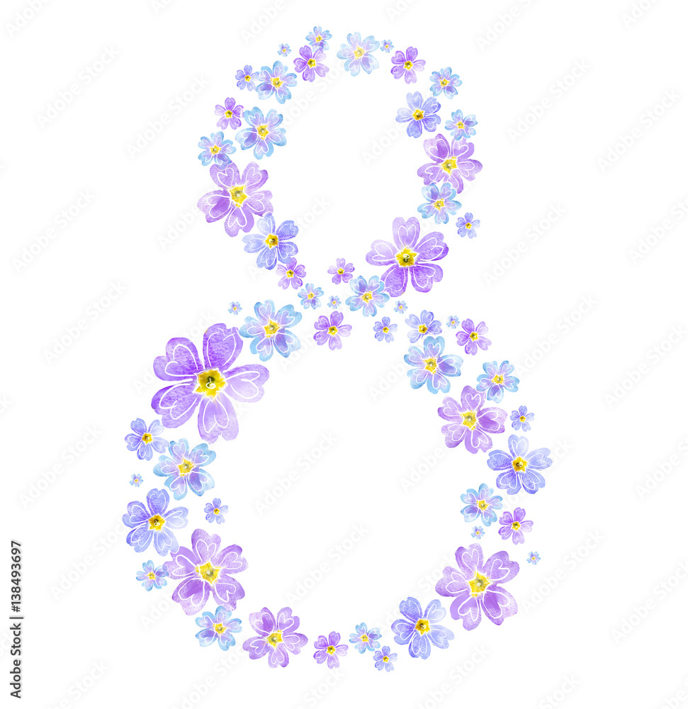 Figure of eight . International Women day background with frame watercolor flowers. 8 March. Greeting card template