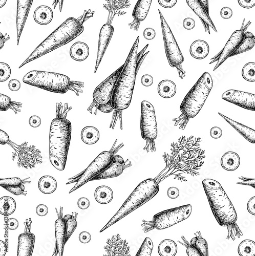 Carrot hand drawn vector seamless pattern. Isolated Vegetable engraved style object with sliced pieces.