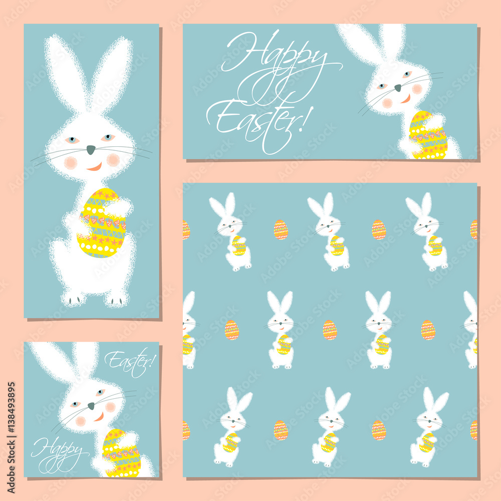 Set of cards with Bunny holding easter egg. Happy Easter! Congratulations. Template. Set of cards with Bunny holding easter egg. Happy Easter! Congratulations. Template.