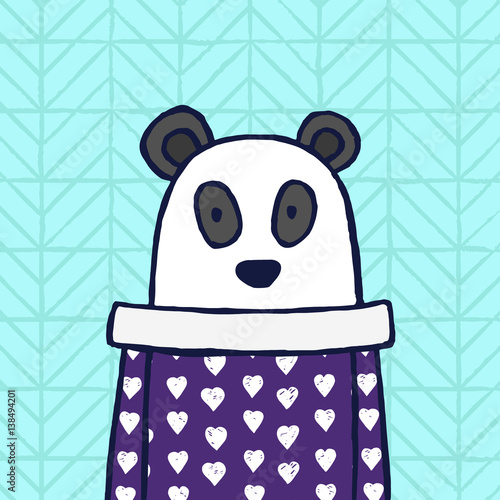 Fototapeta Naklejka Na Ścianę i Meble -  Funny panda in purple sweater with white hearts in blue background. Hand drawn vector card with animal 