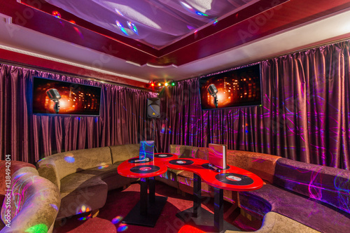 Colorful interior of bright and beautiful karaoke club