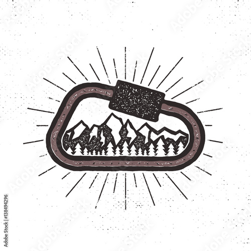 Vector carabiner label. Vintage design with climbing symbols - mountains. Typography t-shirt print emblem isolated on white background. Letterpress effect