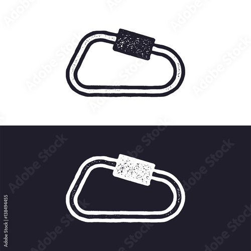 carabiner icon isolated on white background. Letterpress effect. Vector adventure pictogram. Isolated on white and dark backgrounds