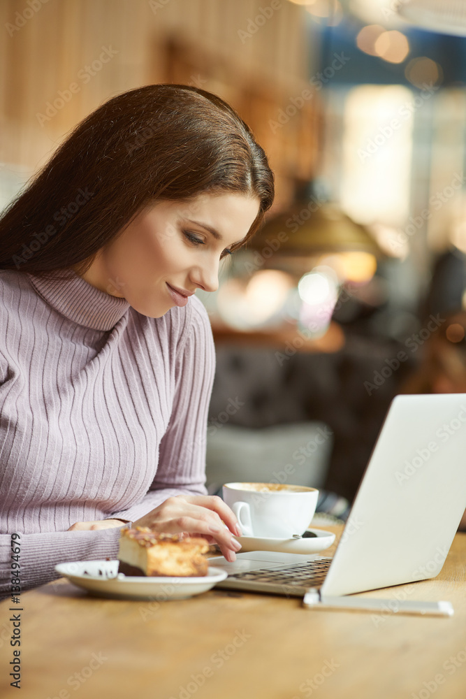 Beautiful brunette using laptop in cafe. Blogger work concept Beautiful brunette using laptop in cafe. Blogger work concept