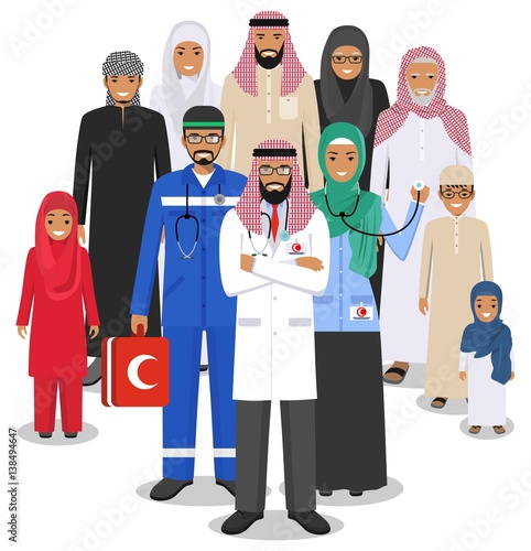 Medical and social concept. Detailed illustration of arabian doctor, nurses and muslim people in flat style isolated on white background. Practitioner doctors and arabic family standing together.