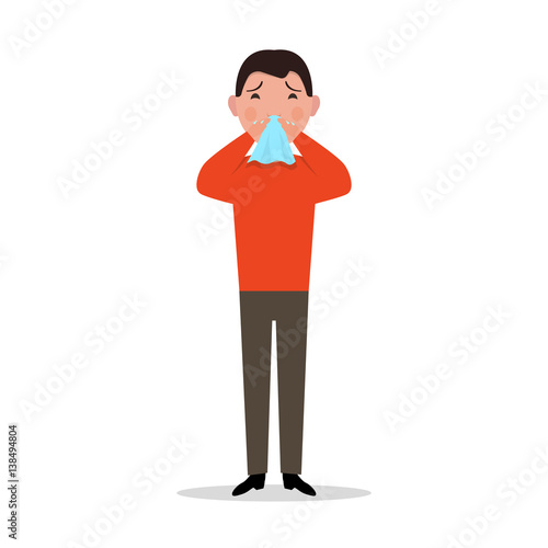 Vector cartoon man caught cold, sneeze, ill flu
